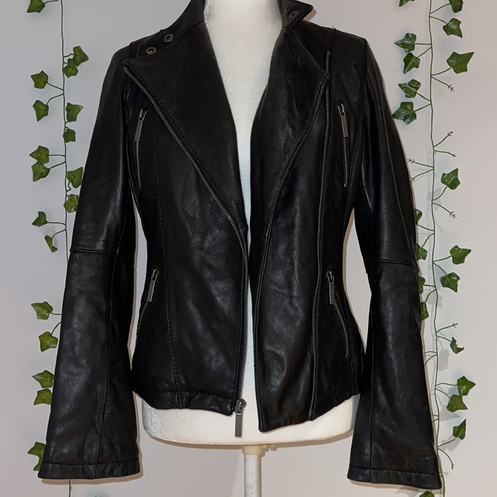 Women's Michael Kors Black Leather Zip Jacket XS - Picture 5 of 16